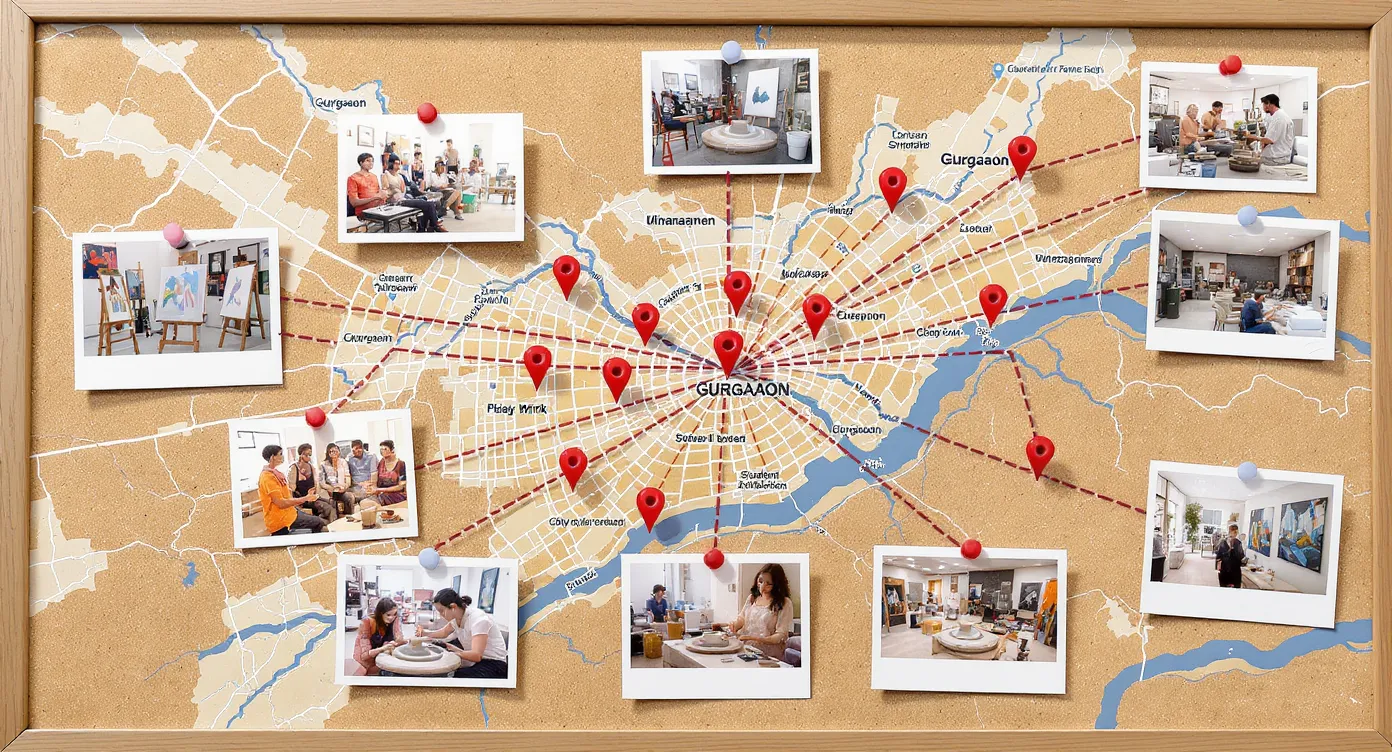 A pin-filled city map of Gurgaon on a corkboard highlights multiple art studio locations, with red strings connecting the pins to photos of easels, clay wheels, and student exhibitions, symbolising the search journey.