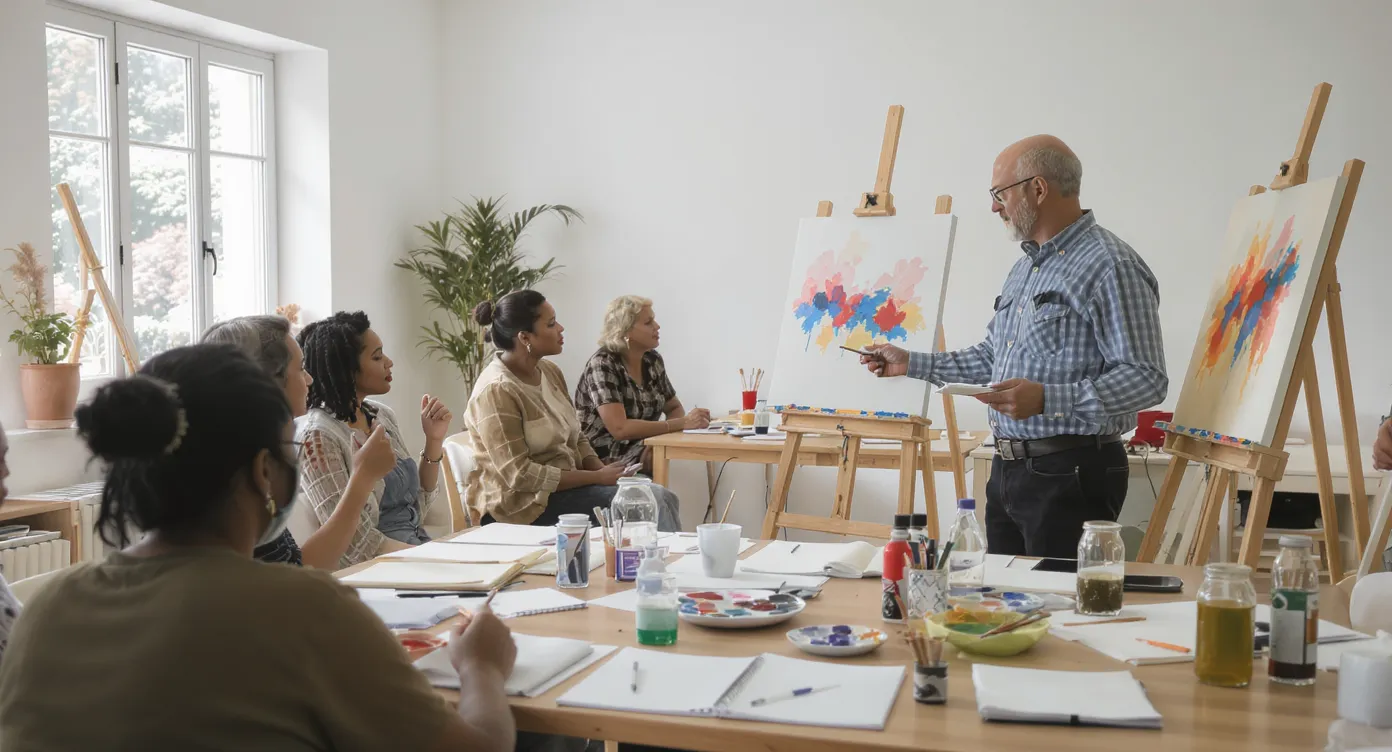 Inside a bright, well-lit studio, a diverse group of adults follows an instructor demonstrating colour blending on a large easel. Tables are arranged neatly with palettes, sketchbooks, and jars of water, conveying an organised, professional environment.
